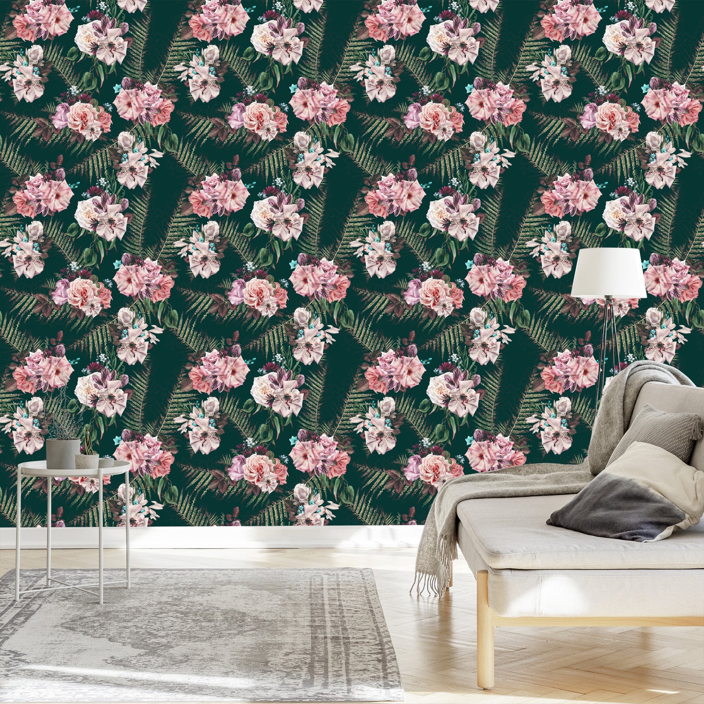 Wallpaper Fern Leaves Roses