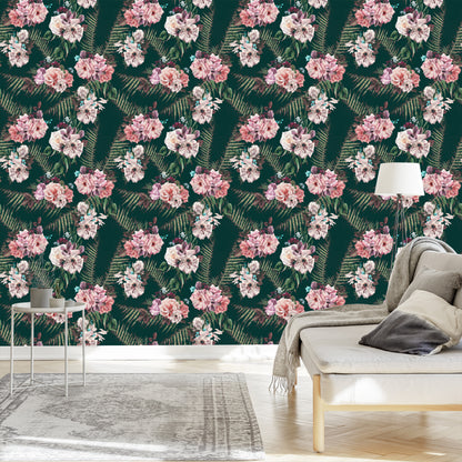 Wallpaper Fern Leaves Roses