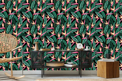 Wallpaper Tropical Flowers With Palm Leaves