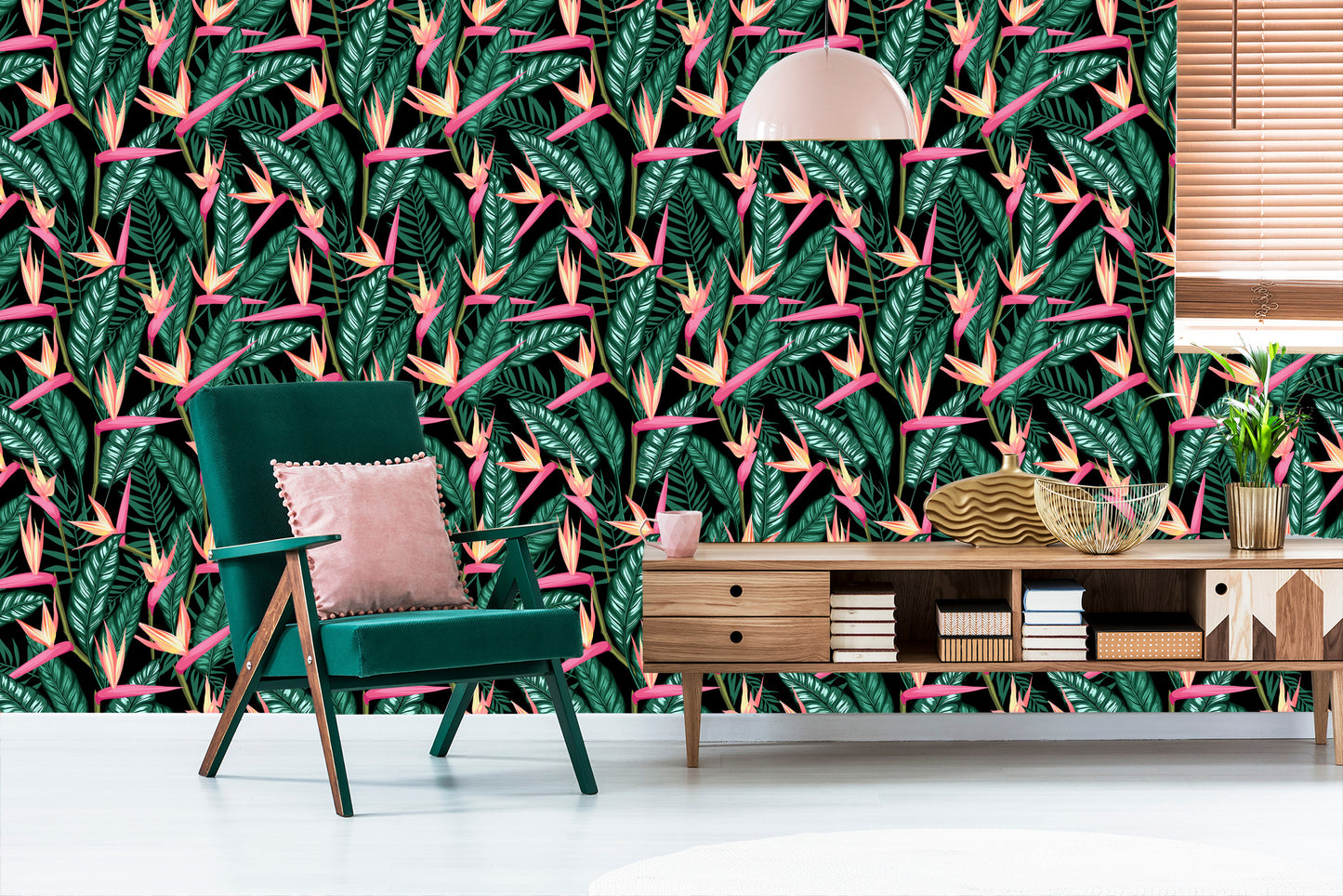Wallpaper Tropical Flowers With Palm Leaves