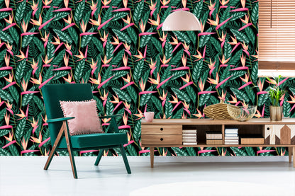 Wallpaper Tropical Flowers With Palm Leaves