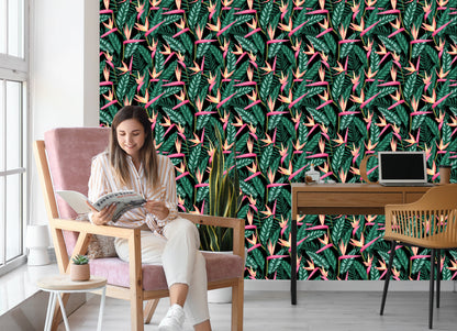 Wallpaper Tropical Flowers With Palm Leaves