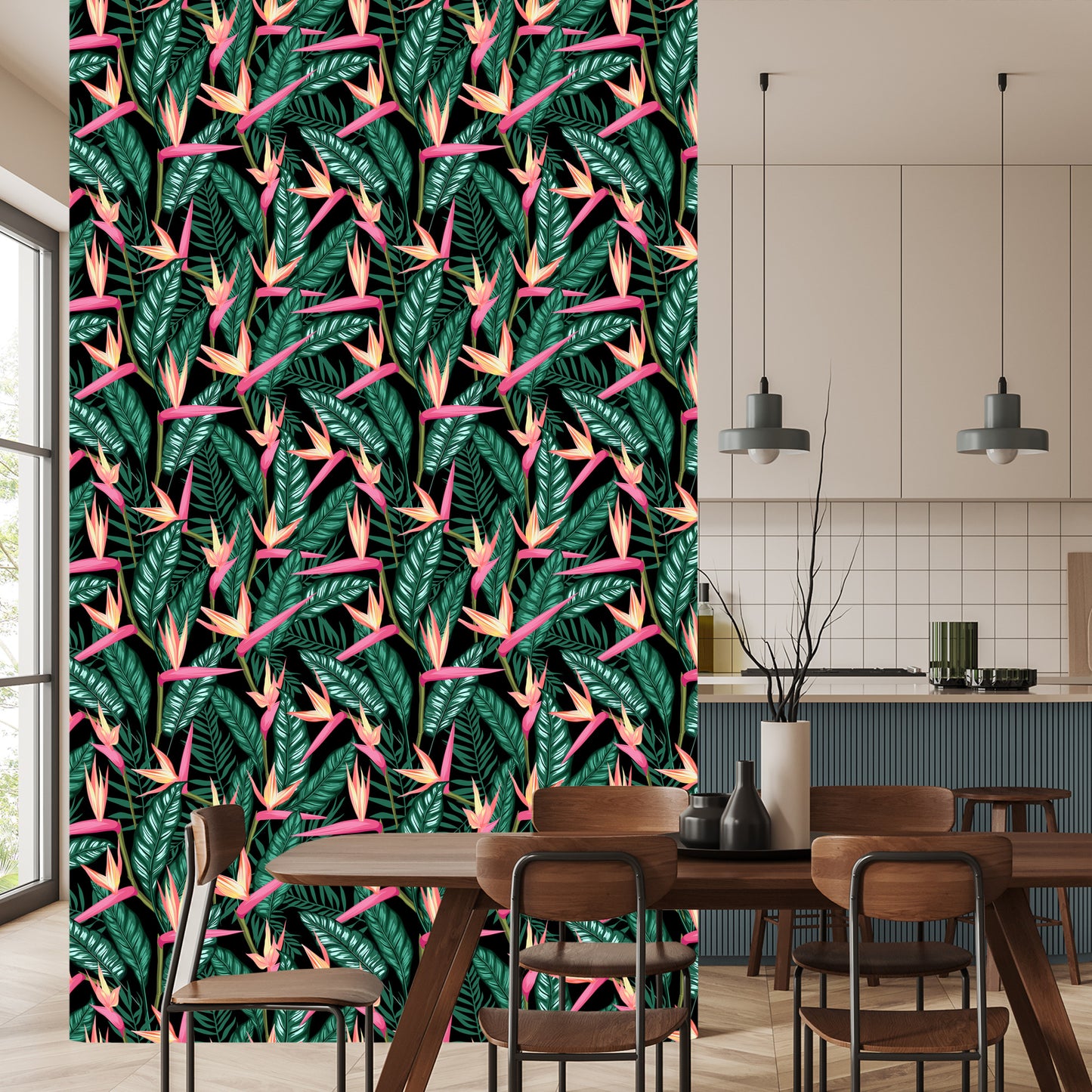 Wallpaper Tropical Flowers With Palm Leaves