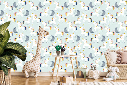 Wallpaper For Children - Unicorns And Moons - Scandinavian Style