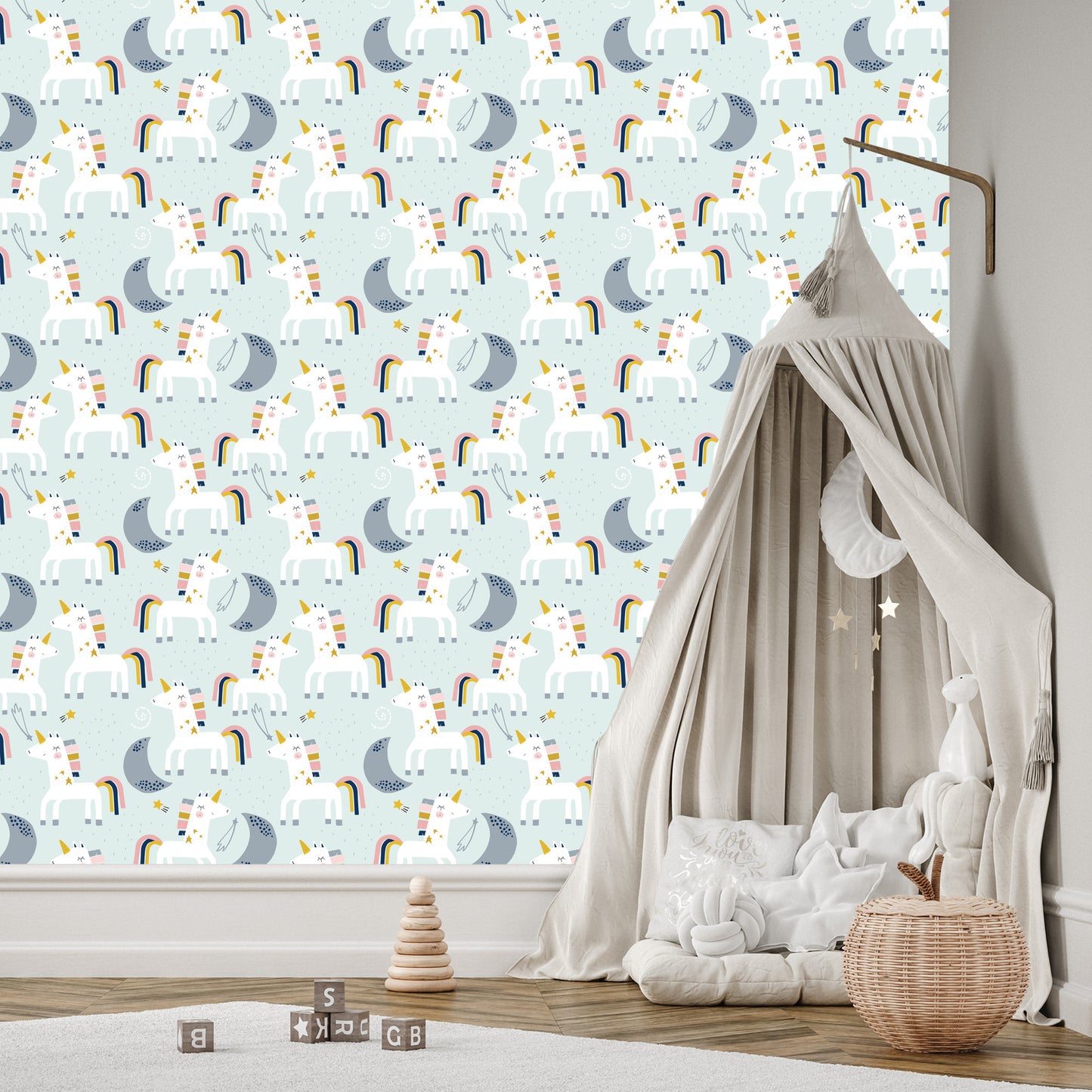 Wallpaper For Children - Unicorns And Moons - Scandinavian Style