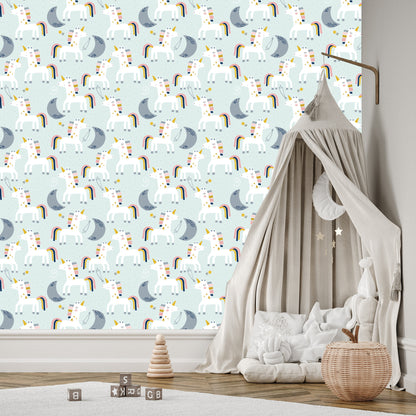 Wallpaper For Children - Unicorns And Moons - Scandinavian Style