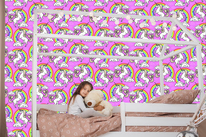 Wallpaper For Children - Unicorn On A Rainbow Background