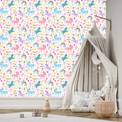 Wallpaper For Children - Rainbow Unicorns In Scandinavian Style