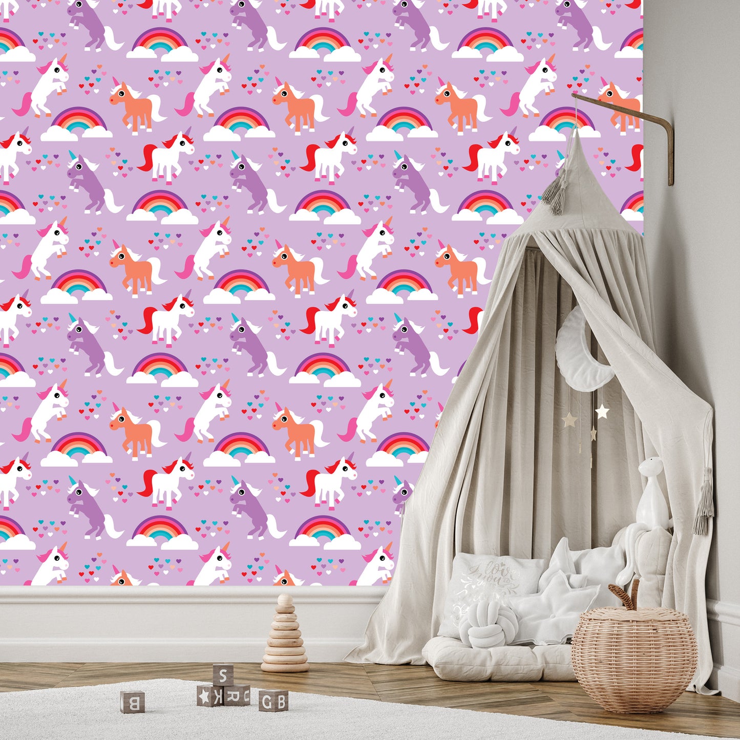 Wallpaper For Children Unicorns Rainbow Hearts
