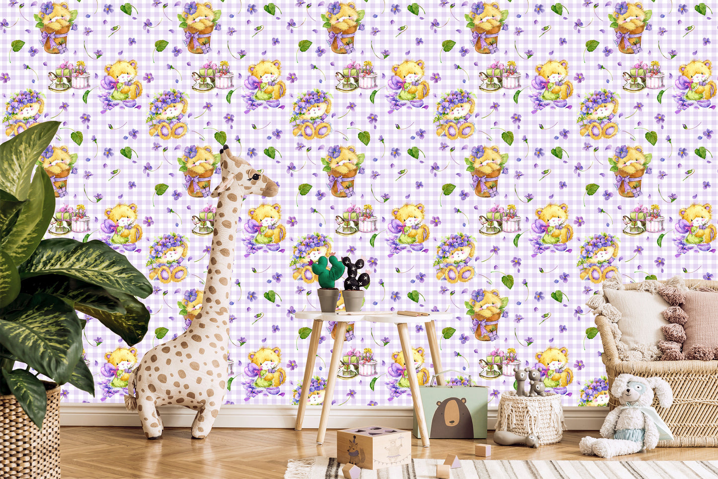 Wallpaper Teddy Bears, Flowers, Leaves For Girl
