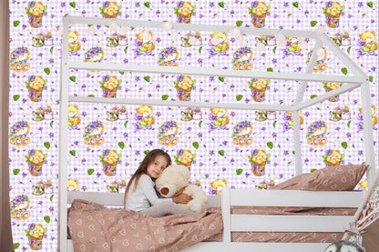 Wallpaper Teddy Bears, Flowers, Leaves For Girl