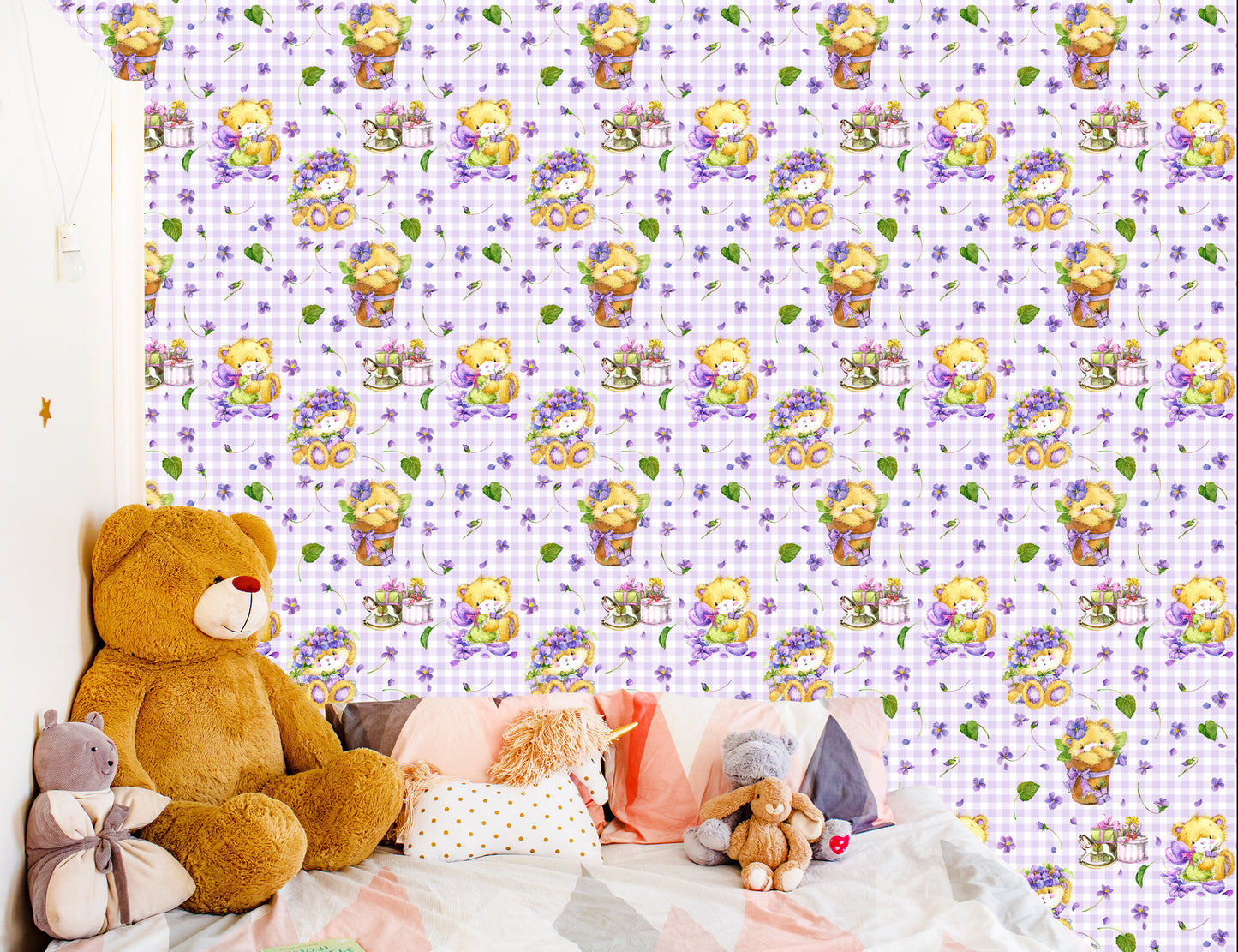 Wallpaper Teddy Bears, Flowers, Leaves For Girl