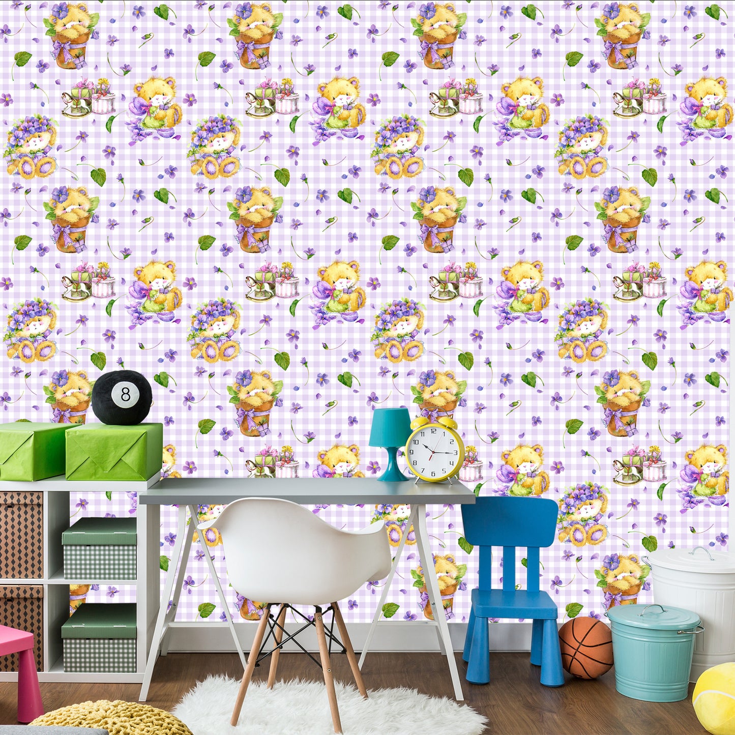 Wallpaper Teddy Bears, Flowers, Leaves For Girl