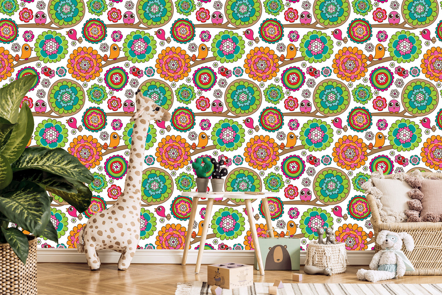 Wallpaper For Girl In Birds Tree Flowers