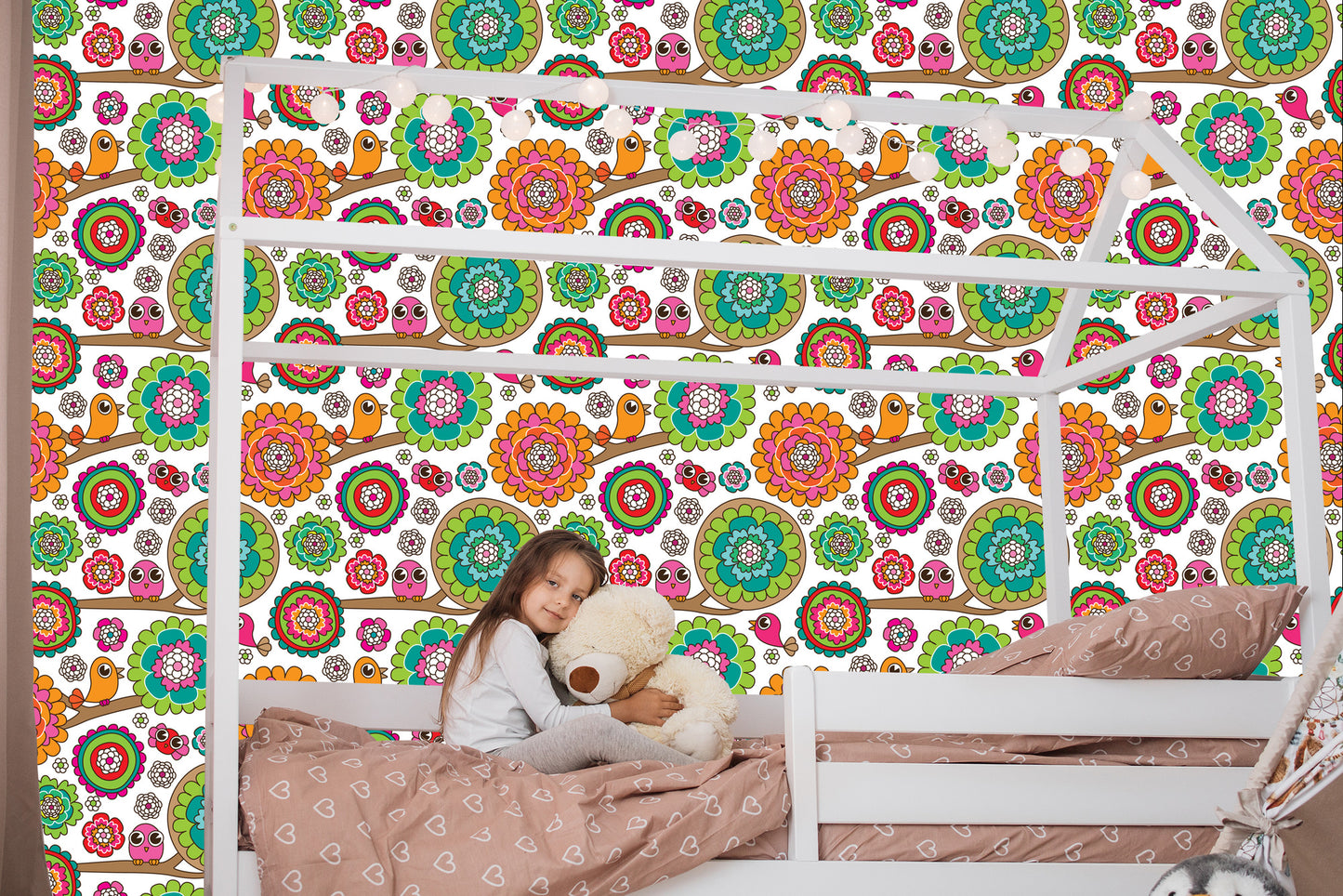 Wallpaper For Girl In Birds Tree Flowers