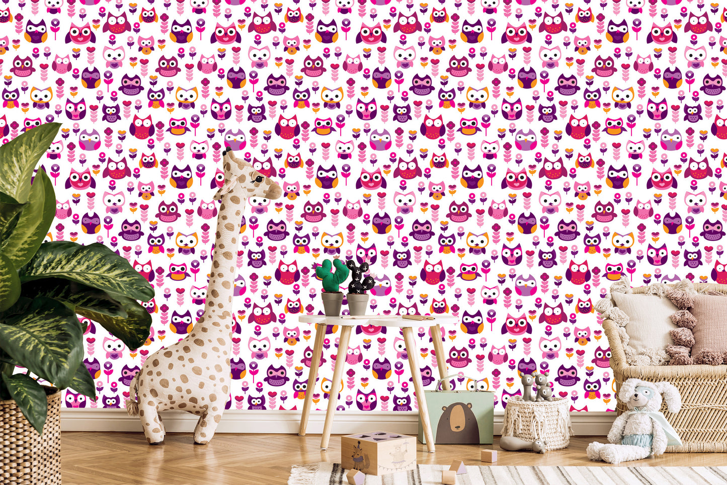 Wallpaper For Girls' Room Colorful Owls Flowers
