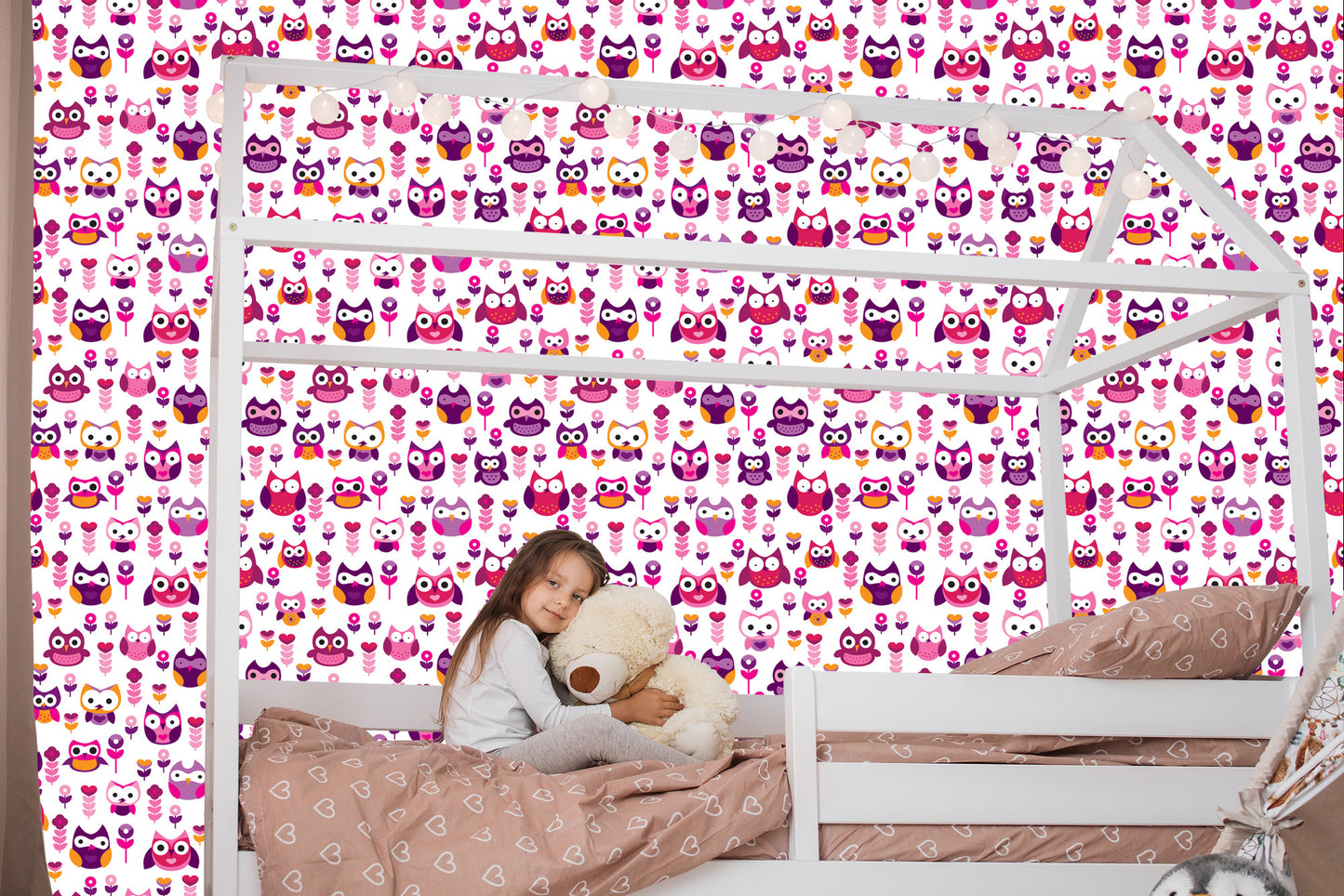 Wallpaper For Girls' Room Colorful Owls Flowers