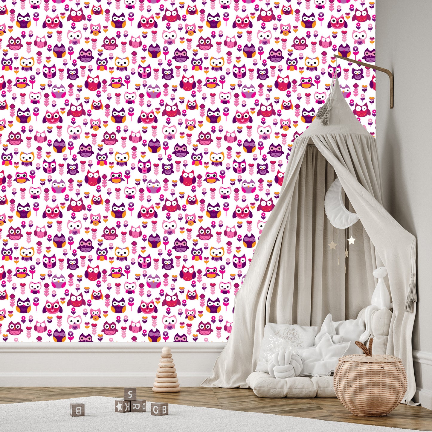 Wallpaper For Girls' Room Colorful Owls Flowers