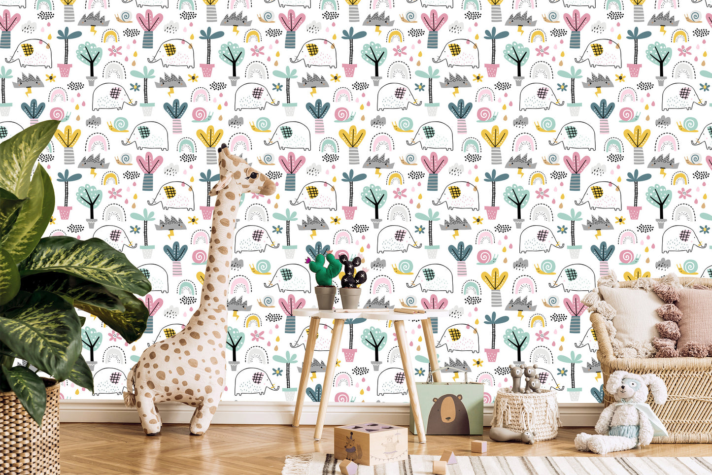 Wallpaper Elephants Clouds Palm Trees For Baby's Room