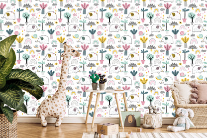 Wallpaper Elephants Clouds Palm Trees For Baby's Room