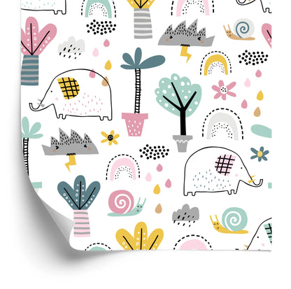Wallpaper Elephants Clouds Palm Trees For Baby's Room