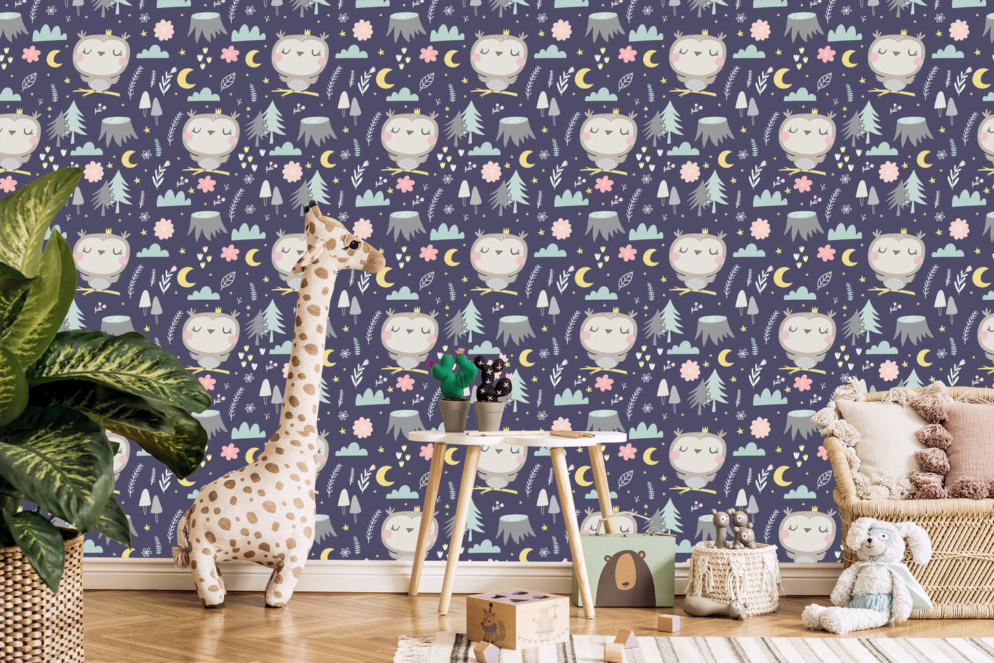 Wallpaper For Girls' Room Owls Clouds Moons