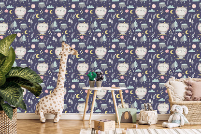 Wallpaper For Girls' Room Owls Clouds Moons