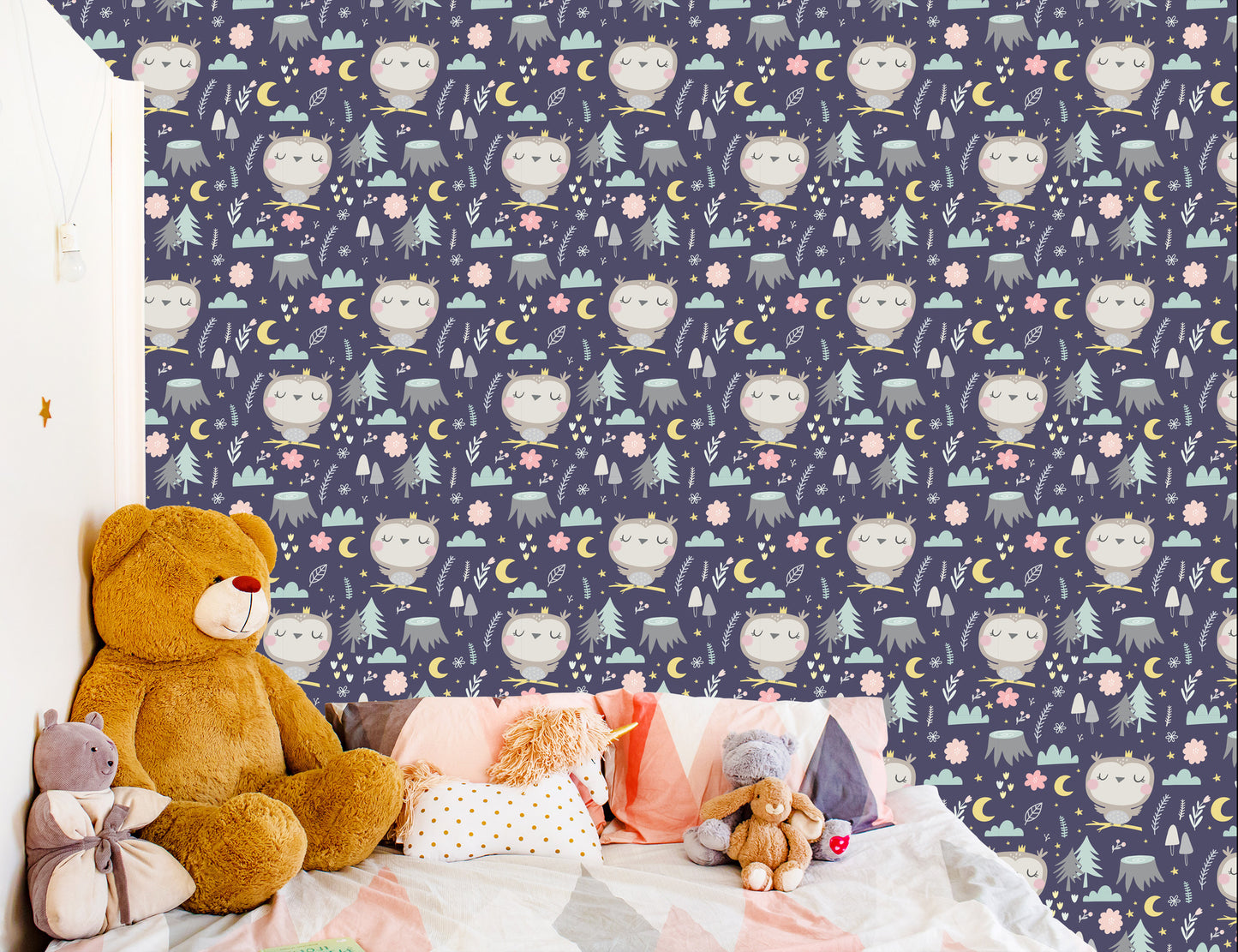 Wallpaper For Girls' Room Owls Clouds Moons