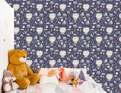 Wallpaper For Girls' Room Owls Clouds Moons