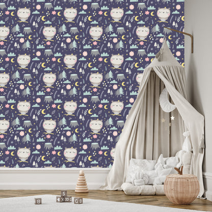 Wallpaper For Girls' Room Owls Clouds Moons