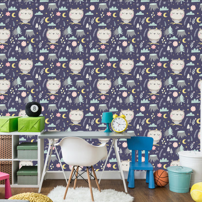 Wallpaper For Girls' Room Owls Clouds Moons