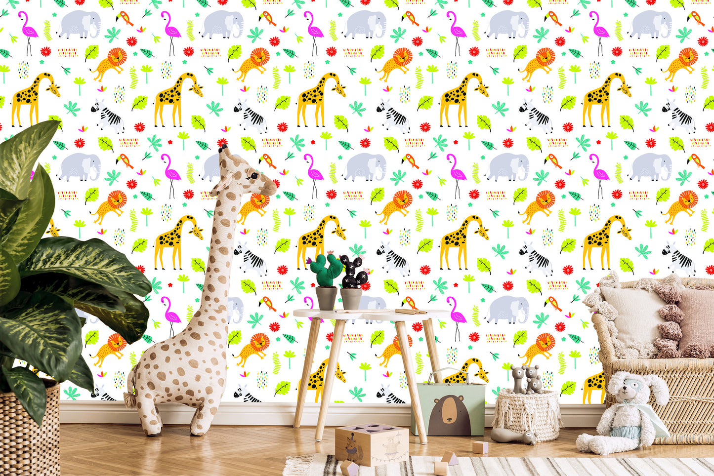Wallpaper For Girls' Room Flamingos Lions Elephants