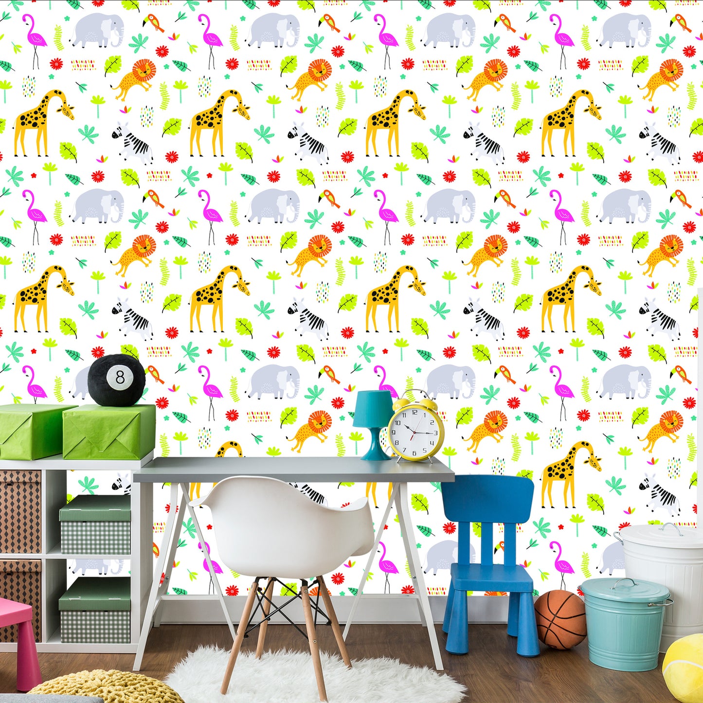 Wallpaper For Girls' Room Flamingos Lions Elephants