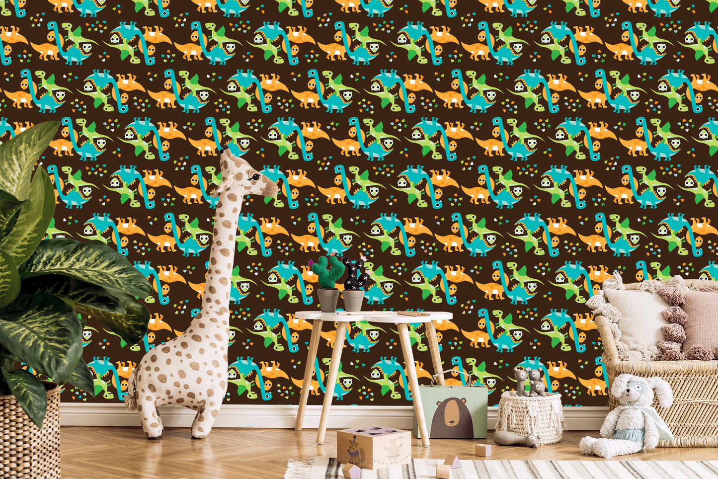 Wallpaper Colorful Dinosaurs Birds For Boy's Room