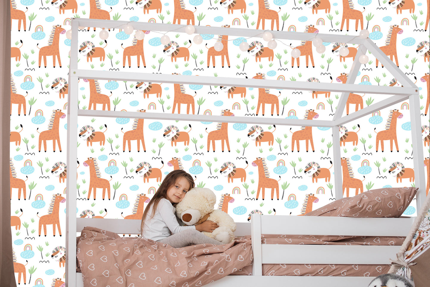 Wallpaper Safari Animals. Lions. Rainbow. Boy's Room