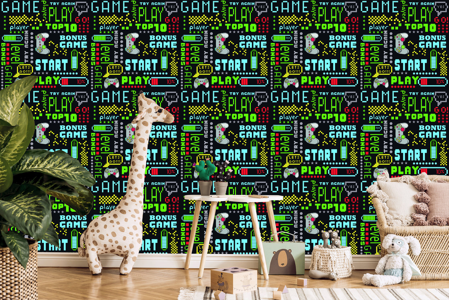 Wallpaper To Boy's Room Colorful Pixelated Inscriptions