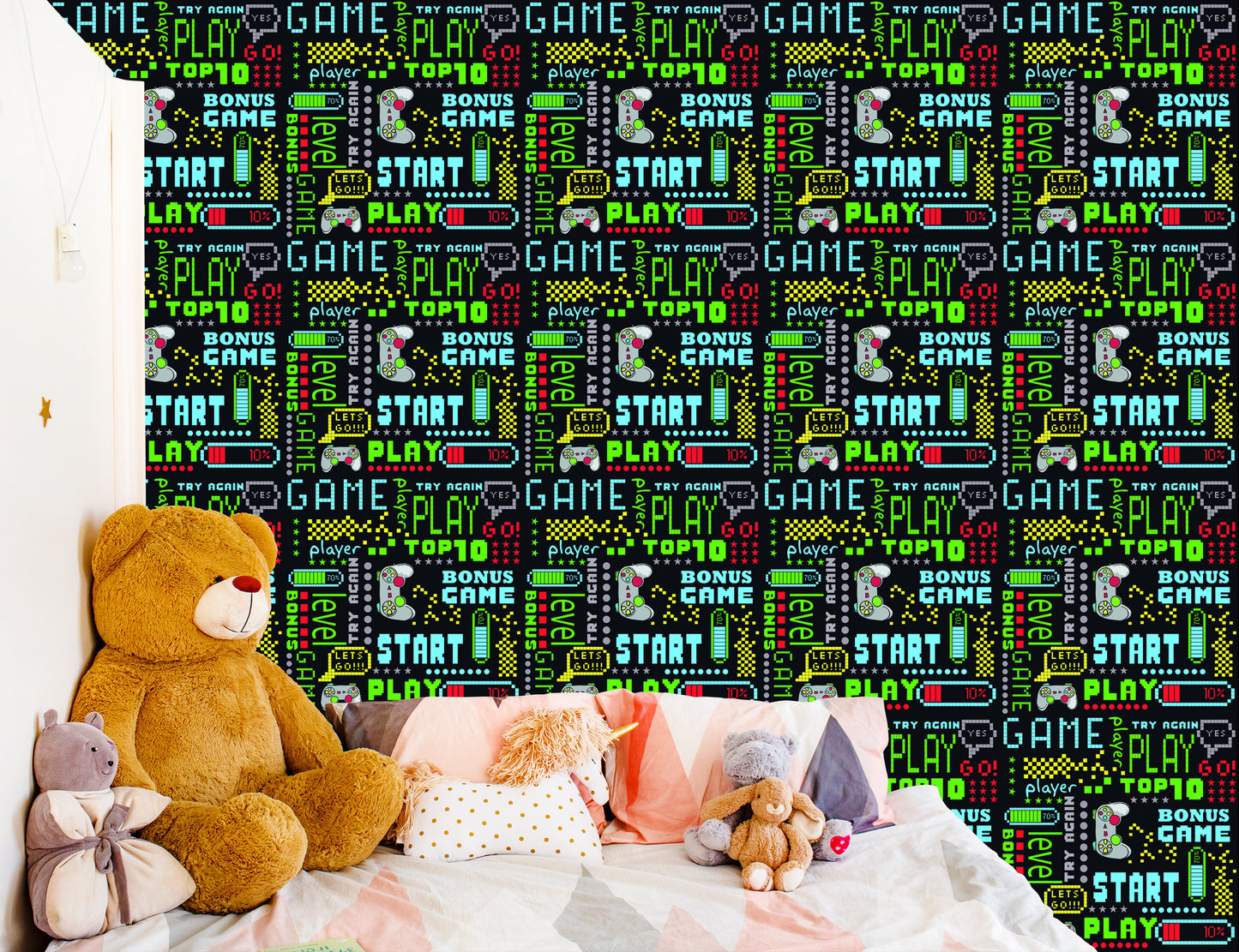 Wallpaper To Boy's Room Colorful Pixelated Inscriptions