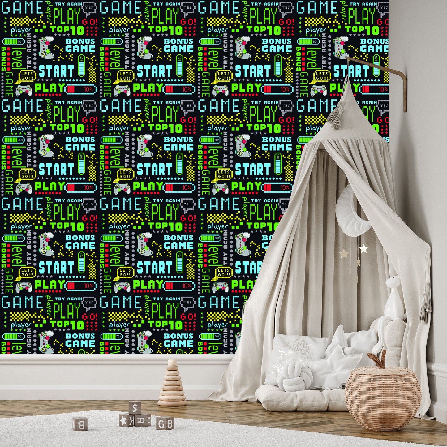Wallpaper To Boy's Room Colorful Pixelated Inscriptions
