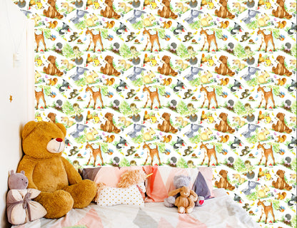Wallpaper Children's Fairy-Tale Forest Animals. Leaves