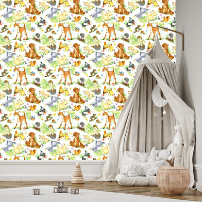 Wallpaper Children's Fairy-Tale Forest Animals. Leaves