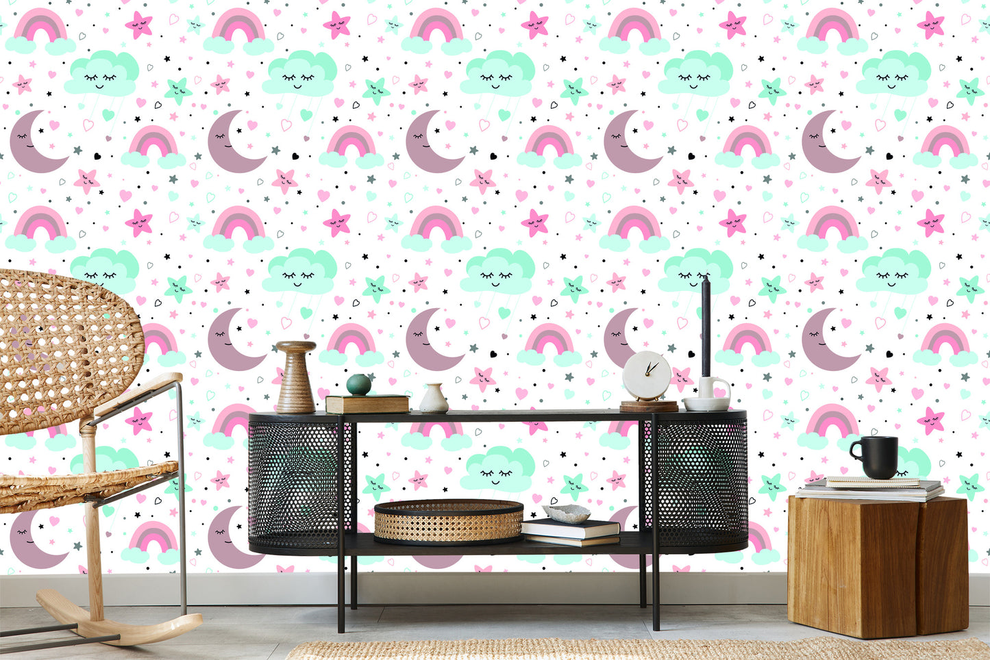 Wallpaper For Children - Sleeping Clouds, Moons, Stars And Rainbows