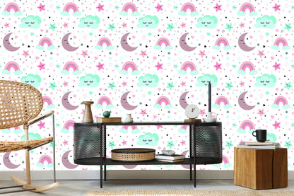 Wallpaper For Children - Sleeping Clouds, Moons, Stars And Rainbows