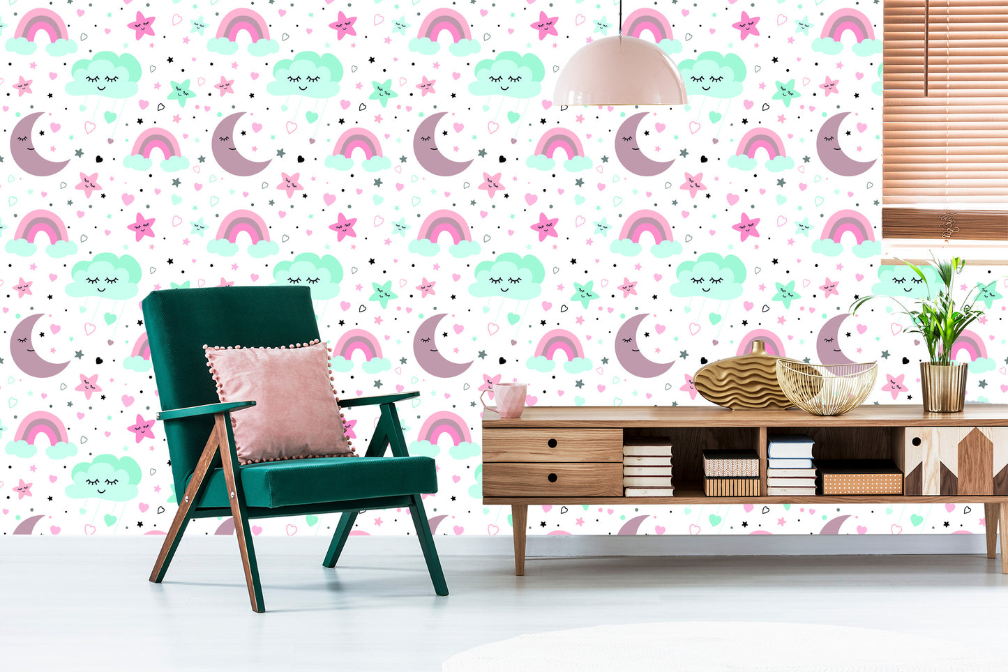 Wallpaper For Children - Sleeping Clouds, Moons, Stars And Rainbows