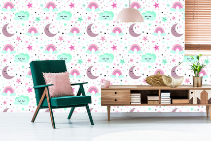Wallpaper For Children - Sleeping Clouds, Moons, Stars And Rainbows