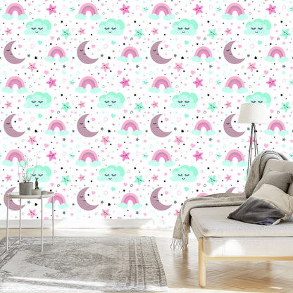 Wallpaper For Children - Sleeping Clouds, Moons, Stars And Rainbows