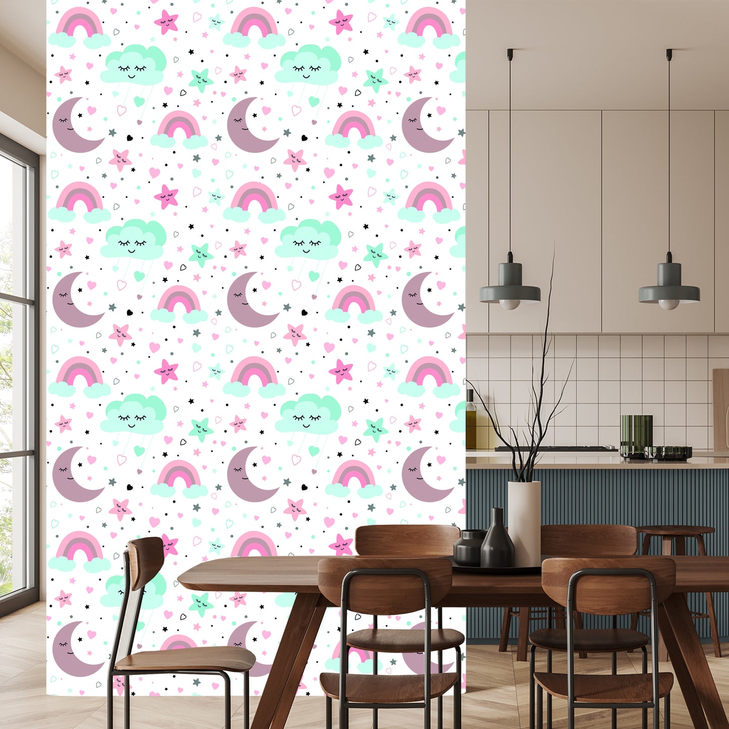 Wallpaper For Children - Sleeping Clouds, Moons, Stars And Rainbows