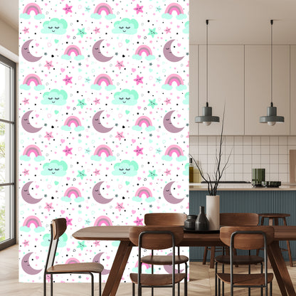 Wallpaper For Children - Sleeping Clouds, Moons, Stars And Rainbows