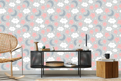 Wallpaper For Children - Smiling Clouds And Stars