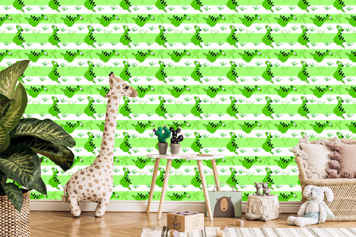 Wallpaper For Children - Dinosaurs On The Green - White Stripes Background