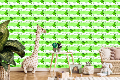Wallpaper For Children - Dinosaurs On The Green - White Stripes Background
